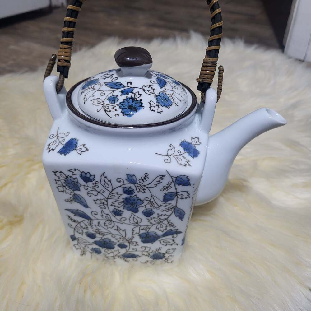 Vintage Pier 1 Tomoko Japanese Square Porcelain Teapot with Rattan Handle & Infu